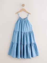 Mid Blue Denim Strappy Tiered Mini Dress - Image 1 of 3