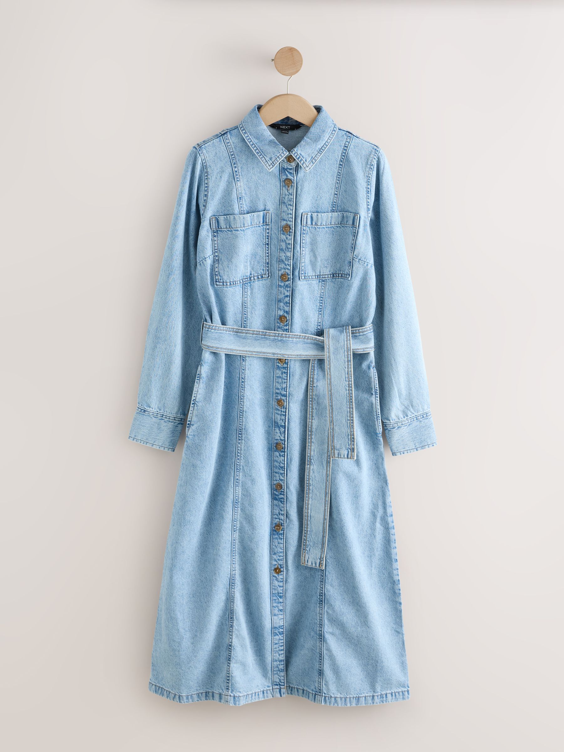 Womens Next Bleach Blue Belted Midi Denim Shirt Dress US 8
