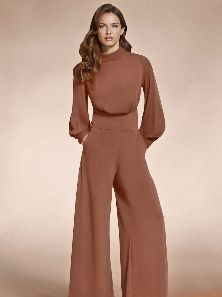 Hot Squash Wideleg Brown Jumpsuit with Blouson Sleeve - Image 1 of 5