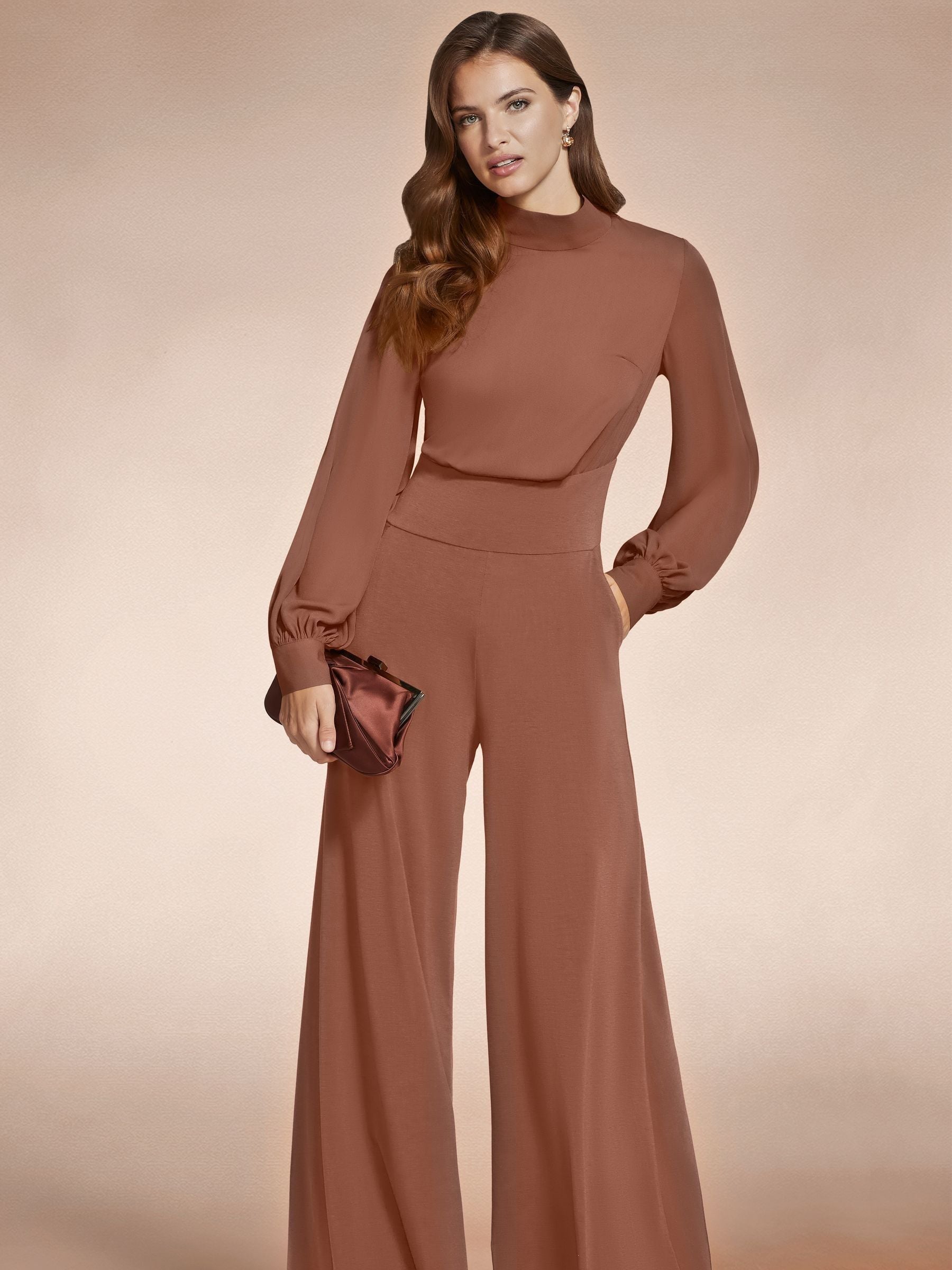 Buy Hot Squash Brown Wide Leg Jumpsuit With Blouson Sleeve from