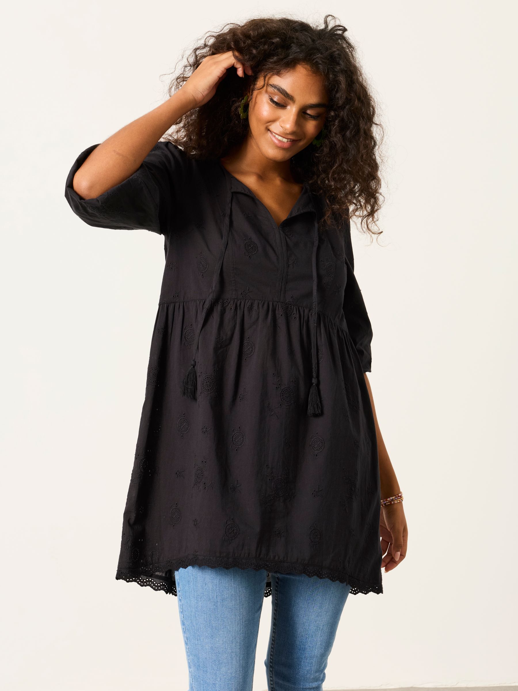 FatFace Rue Cotton Broderie Tunic for Women in Black Size 12 R with Scalloped Hem and Tassel Detail