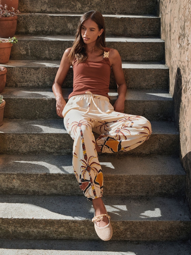 Neutral Palm Print Linen Blend Balloon Leg Trousers - Image 2 of 9 Neutral Palm Print Linen Blend Balloon Leg Trousers - Image 2 of 9