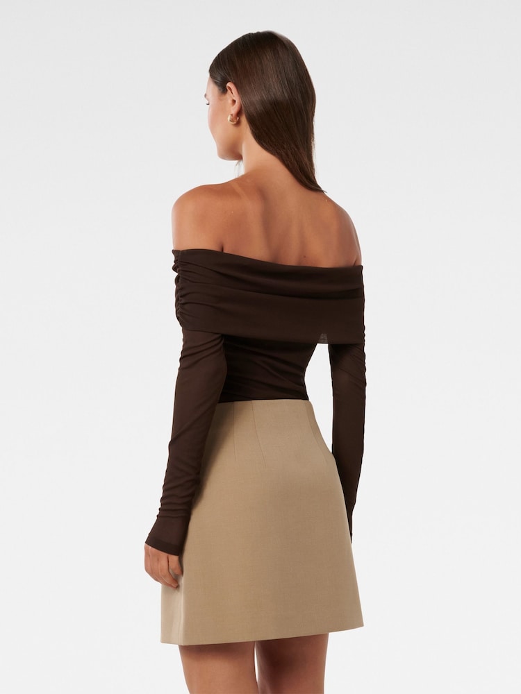 Forever New Brown Kaia Ruched Mesh Bardot Top - Image 2 of 5 Forever New Brown Kaia Ruched Mesh Bardot Top - Image 2 of 5
