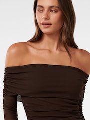 Forever New Brown Kaia Ruched Mesh Bardot Top - Image 3 of 5