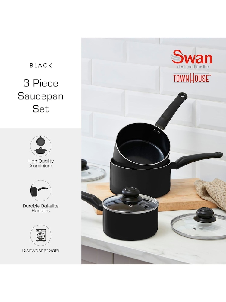 Swan Black Townhouse 3 Piece Saucepan Set - Image 2 of 9