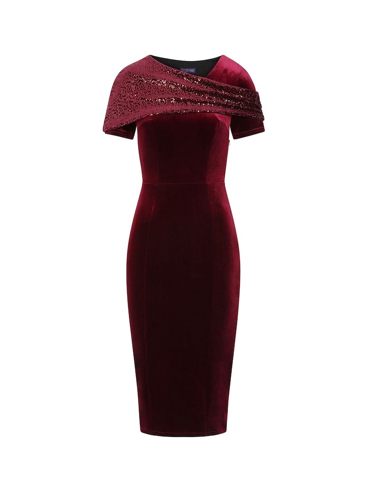 Hot Squash Red Cape Bodycon Sequin Velvet Dress - Image 7 of 7 Hot Squash Red Cape Bodycon Sequin Velvet Dress - Image 7 of 7