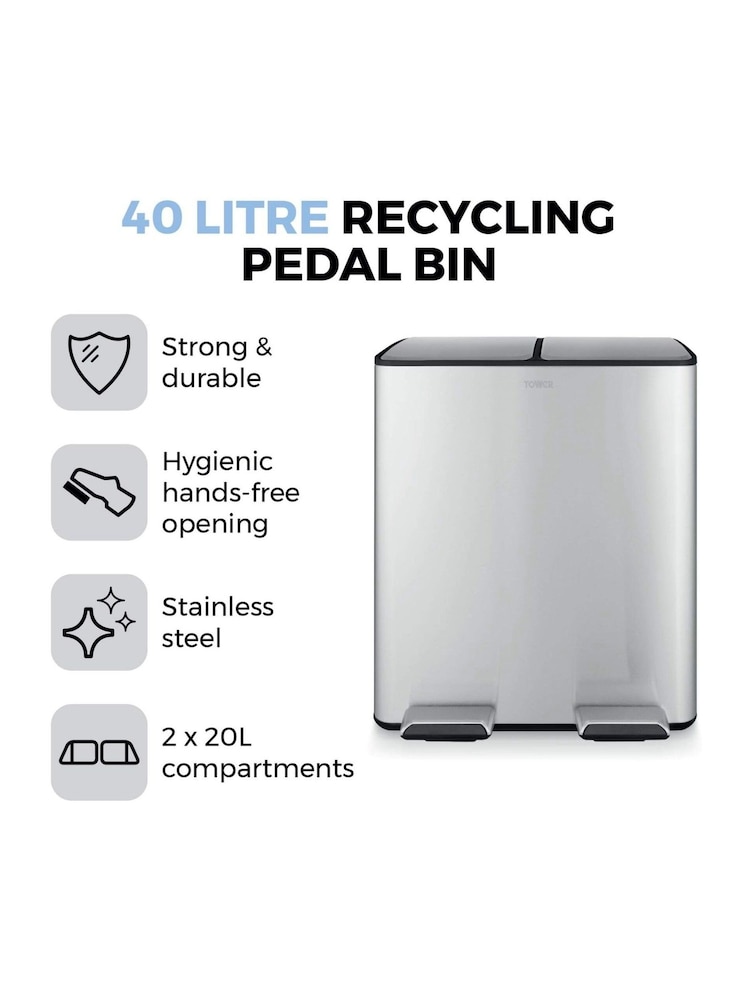 Tower Stainless Steel 40L Recycling Pedal Bin 2 x 20L - Image 2 of 8