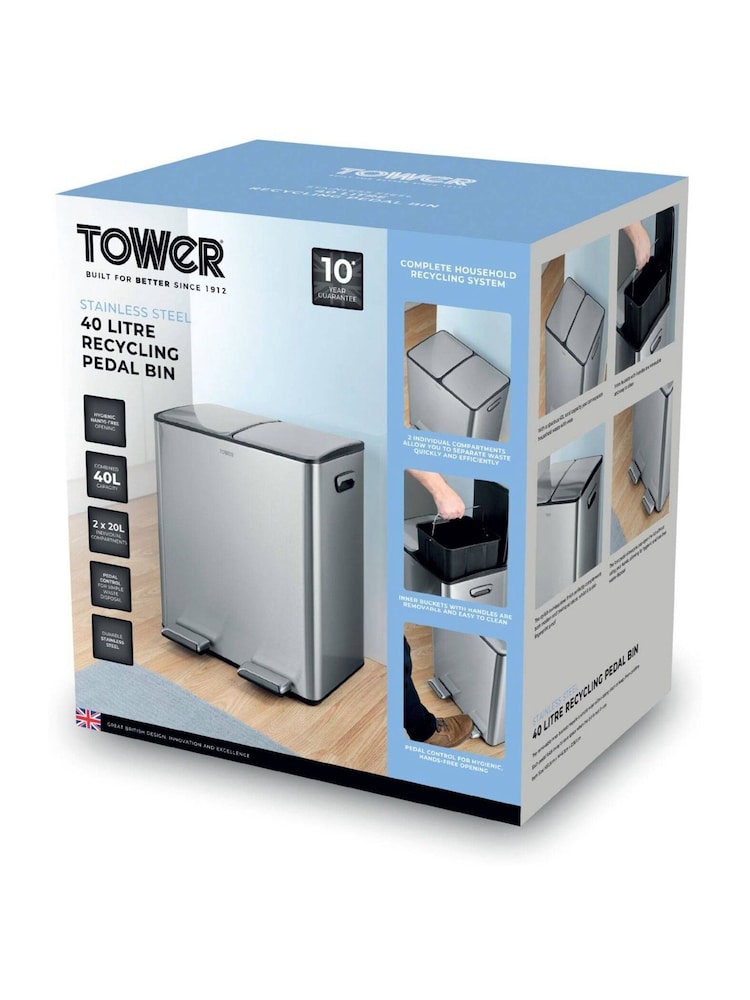 Tower Stainless Steel 40L Recycling Pedal Bin 2 x 20L - Image 8 of 8