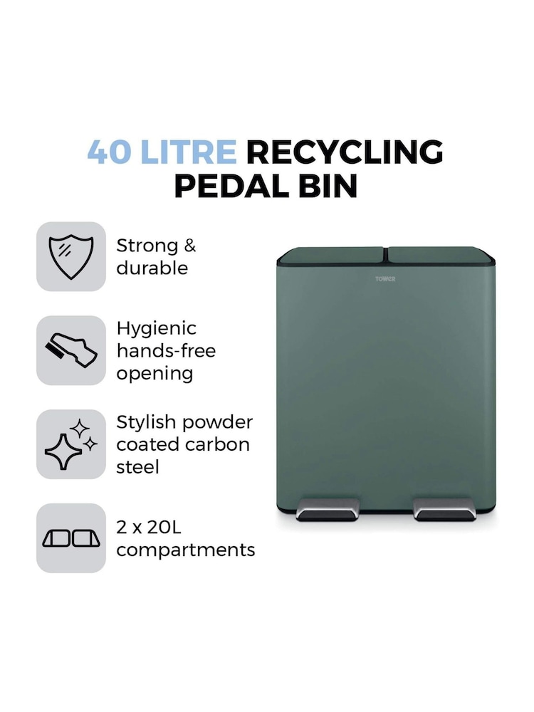 Tower Forest Green 40L Pedal Bin 2 x 20L - Image 2 of 8 Tower Forest Green 40L Pedal Bin 2 x 20L - Image 2 of 8