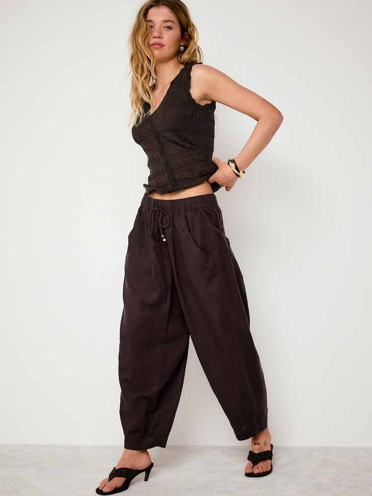 Chocolate Brown Balloon Leg Linen Cotton Blend Trousers - Image 1 of 7