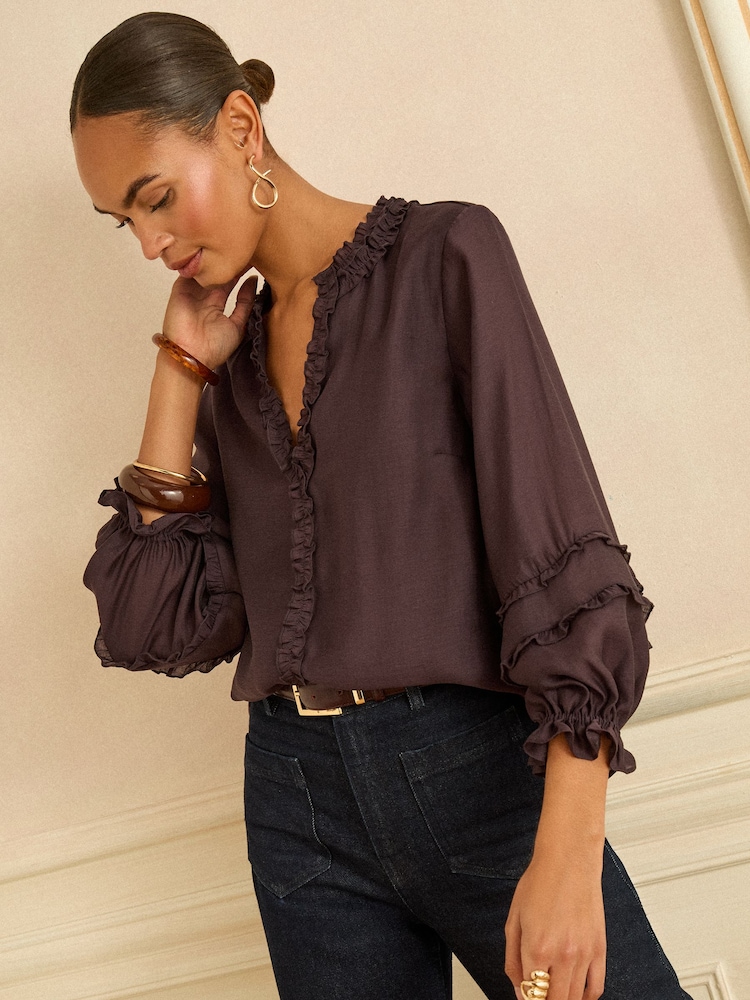 Love & Roses Chocolate Brown Ruffle Notch Neck 3/4 Sleeve Blouse - Image 1 of 4