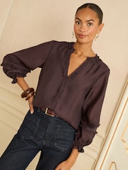 Love & Roses Chocolate Brown Ruffle Notch Neck 3/4 Sleeve Blouse - Image 4 of 4