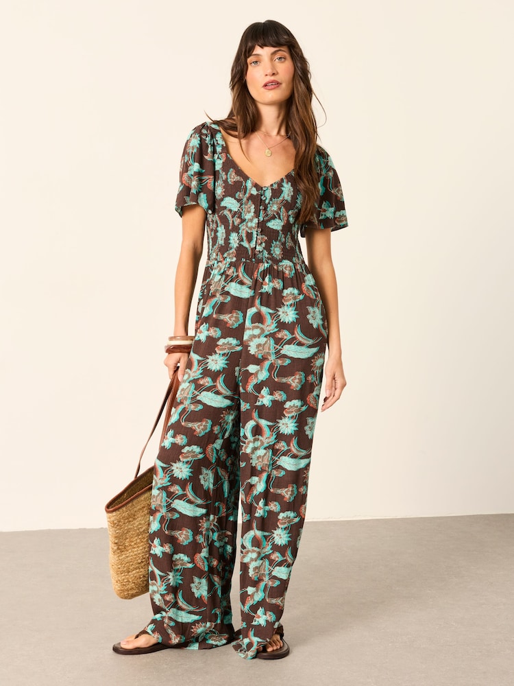 FatFace Gabby Chocolate Brown Batik Jumpsuit - Image 1 of 7 FatFace Gabby Chocolate Brown Batik Jumpsuit - Image 1 of 7