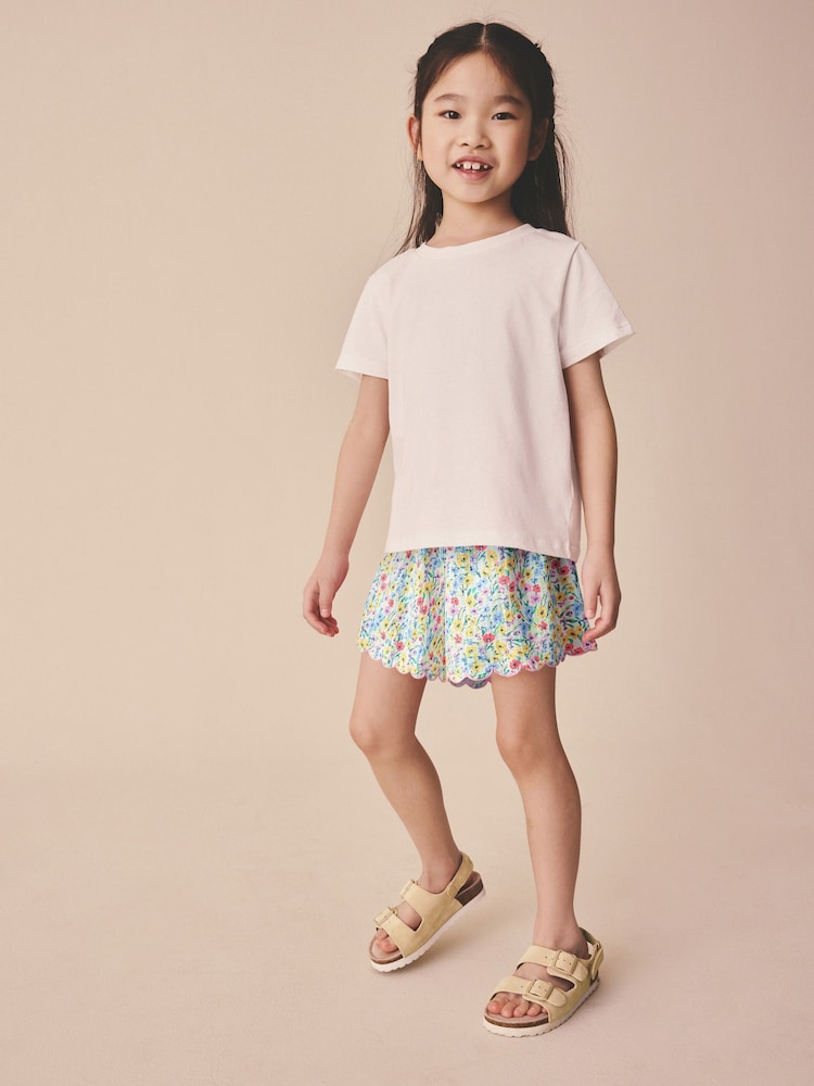 Pink/Blue Floral Scallop Trim Textured Shorts (3-16yrs) - Image 1 of 6