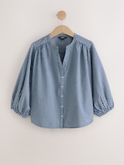 Navy Gingham Puff Sleeve Button Through Denim Blouse - Image 1 of 3