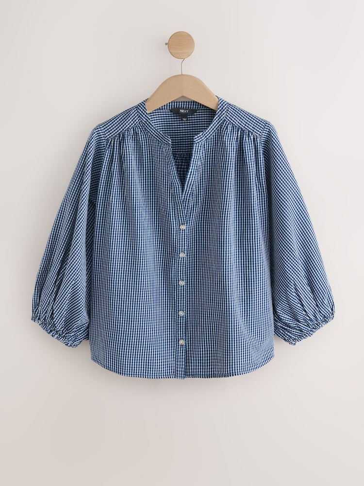 Navy Gingham Puff Sleeve Button Through Denim Blouse - Image 1 of 3