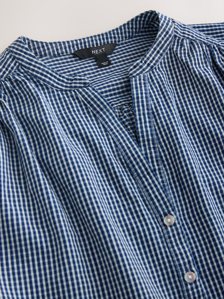 Navy Gingham Puff Sleeve Button Through Denim Blouse - Image 2 of 3
