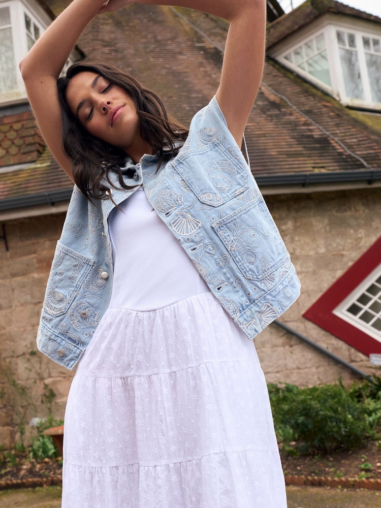 Light Blue National Trust x Next Denim Embroidered Gilet - Image 1 of 6