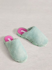 White Stuff Green Faux Fur Mule Slippers - Image 3 of 4
