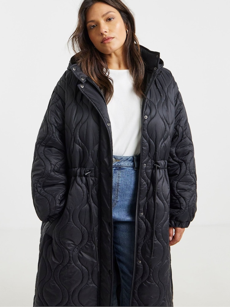 Simply Be Black Double Onion Adjustable Waist Quilted Coat - Image 1 of 4 Simply Be Black Double Onion Adjustable Waist Quilted Coat - Image 1 of 4