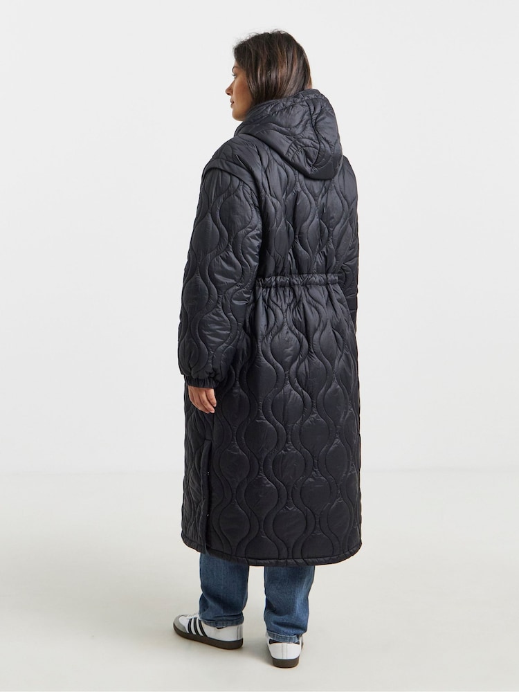 Simply Be Black Double Onion Adjustable Waist Quilted Coat - Image 2 of 4 Simply Be Black Double Onion Adjustable Waist Quilted Coat - Image 2 of 4