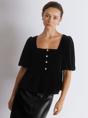 Albaray Diamonte Velvet Puff Sleeve Black Top - Image 1 of 4