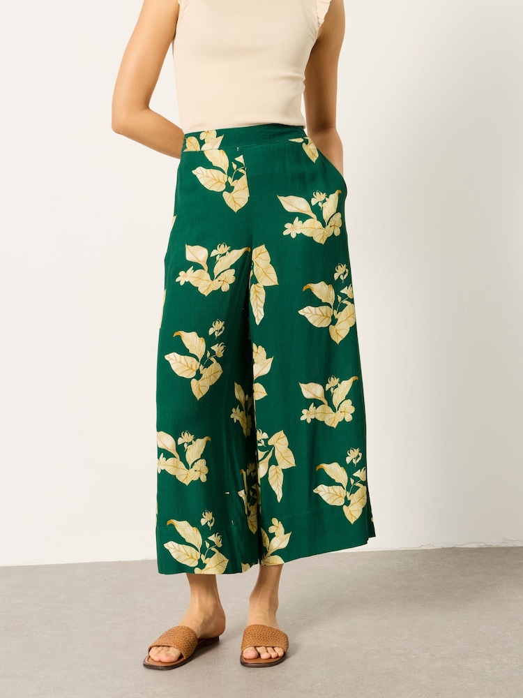 FatFace Eliza tonal leaves Green Wide Leg Cropped Trouser - Image 1 of 6