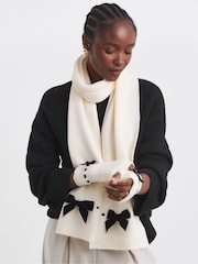 Simply Be Cream Velvet Bow Knitted Scarf and Glove Set - Image 1 of 3