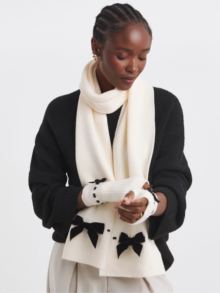Simply Be Cream Velvet Bow Knitted Scarf and Glove Set - Image 1 of 3 Simply Be Cream Velvet Bow Knitted Scarf and Glove Set - Image 1 of 3