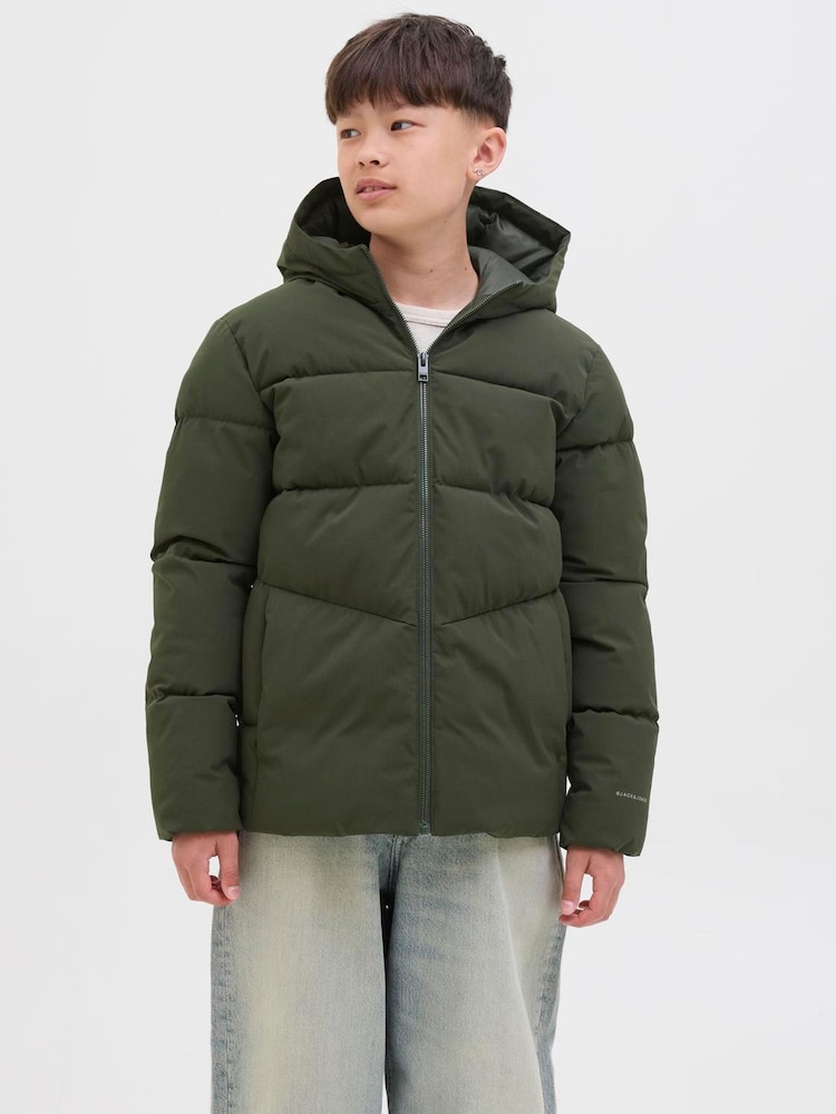 JACK & JONES JUNIOR Green Hooded Puffer Jacket - Image 1 of 6