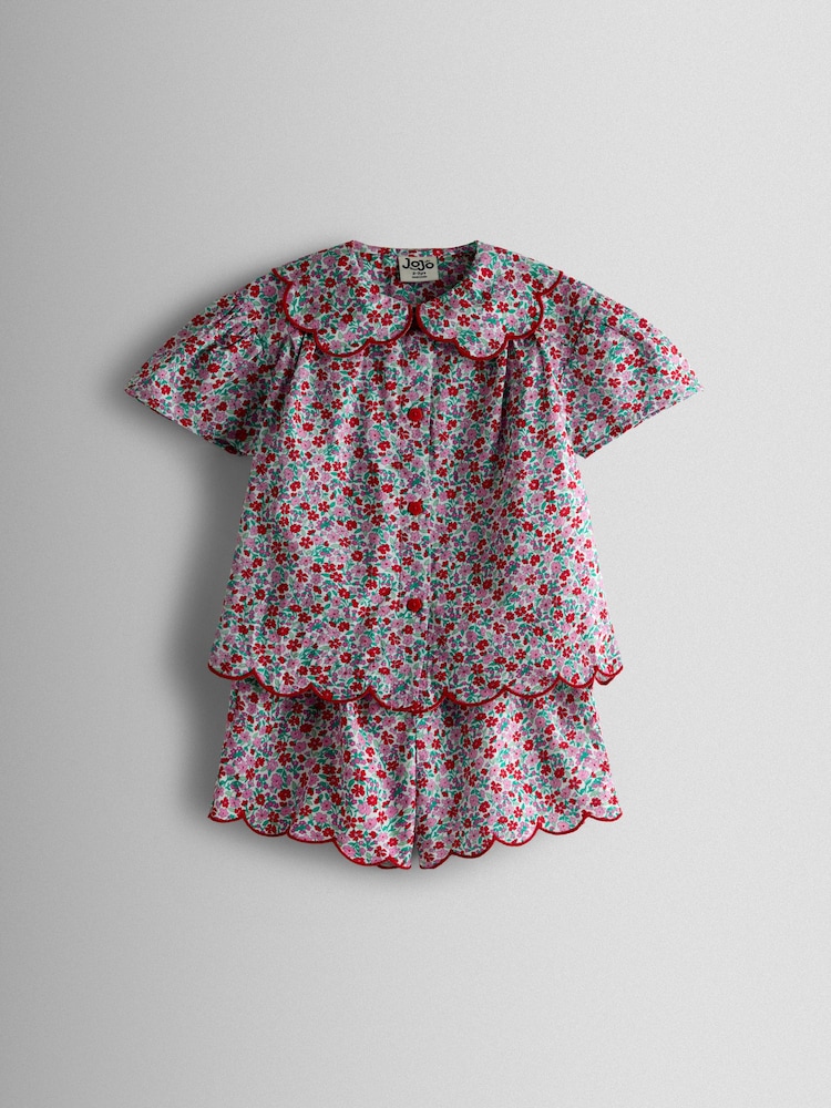 JoJo Maman Bébé Red Floral Scalloped Collared Shirt and Shorts Set - Image 1 of 2