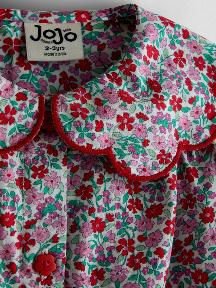 JoJo Maman Bébé Red Floral Scalloped Collared Shirt and Shorts Set - Image 2 of 2