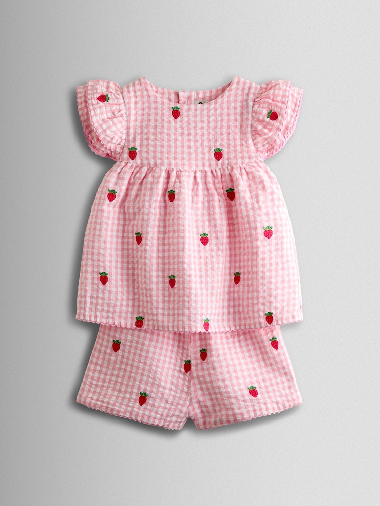 JoJo Maman Bébé Pink Gingham Strawberry Frill Sleeve Embroidered Top & Short Set - Image 1 of 5
