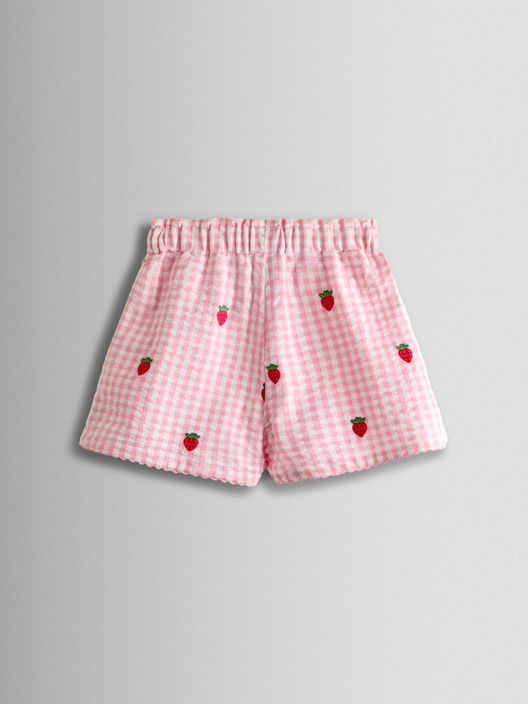 JoJo Maman Bébé Pink Gingham Strawberry Frill Sleeve Embroidered Top & Short Set - Image 5 of 5