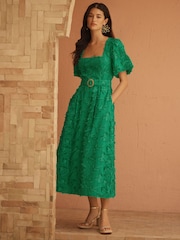 Love & Roses Green Tufted Palm Puff Sleeve Midi Dress - Image 1 of 4
