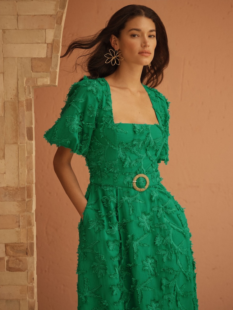 Love & Roses Green Tufted Palm Puff Sleeve Midi Dress - Image 2 of 4