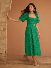 Love & Roses Green Tufted Palm Puff Sleeve Midi Dress - Image 4 of 4