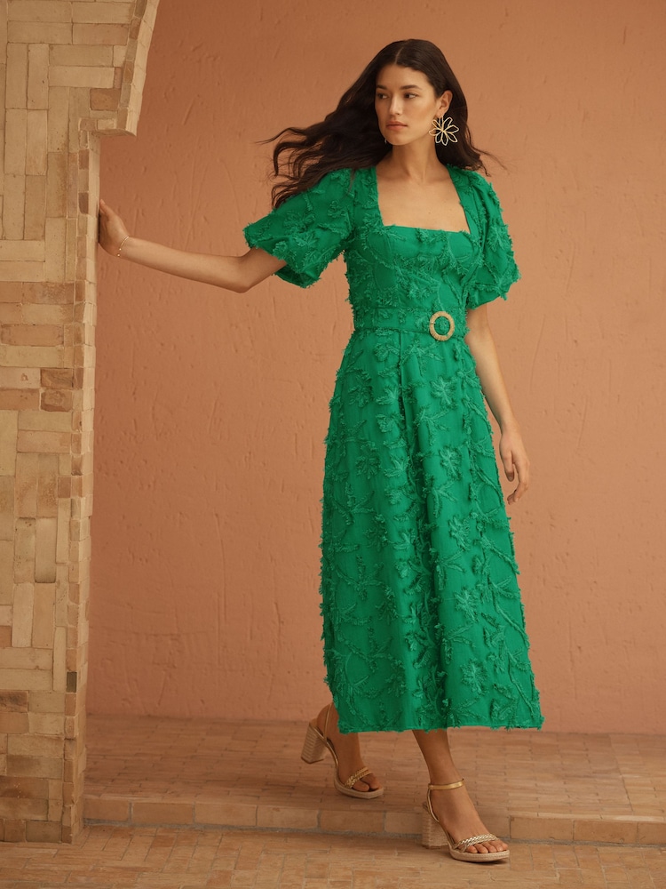 Love & Roses Green Tufted Palm Puff Sleeve Midi Dress - Image 4 of 4