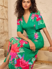 Love & Roses Green Floral Placement Jersey V-Neck Kimono Sleeve Midi Dress - Image 3 of 4