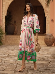 Love & Roses Multi Floral Placement Tie Waist Shirt Midi Dress - Image 1 of 4