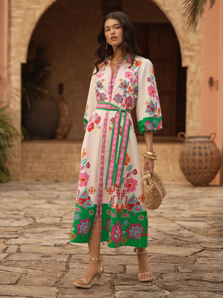 Love & Roses Multi Floral Placement Tie Waist Shirt Midi Dress - Image 1 of 4