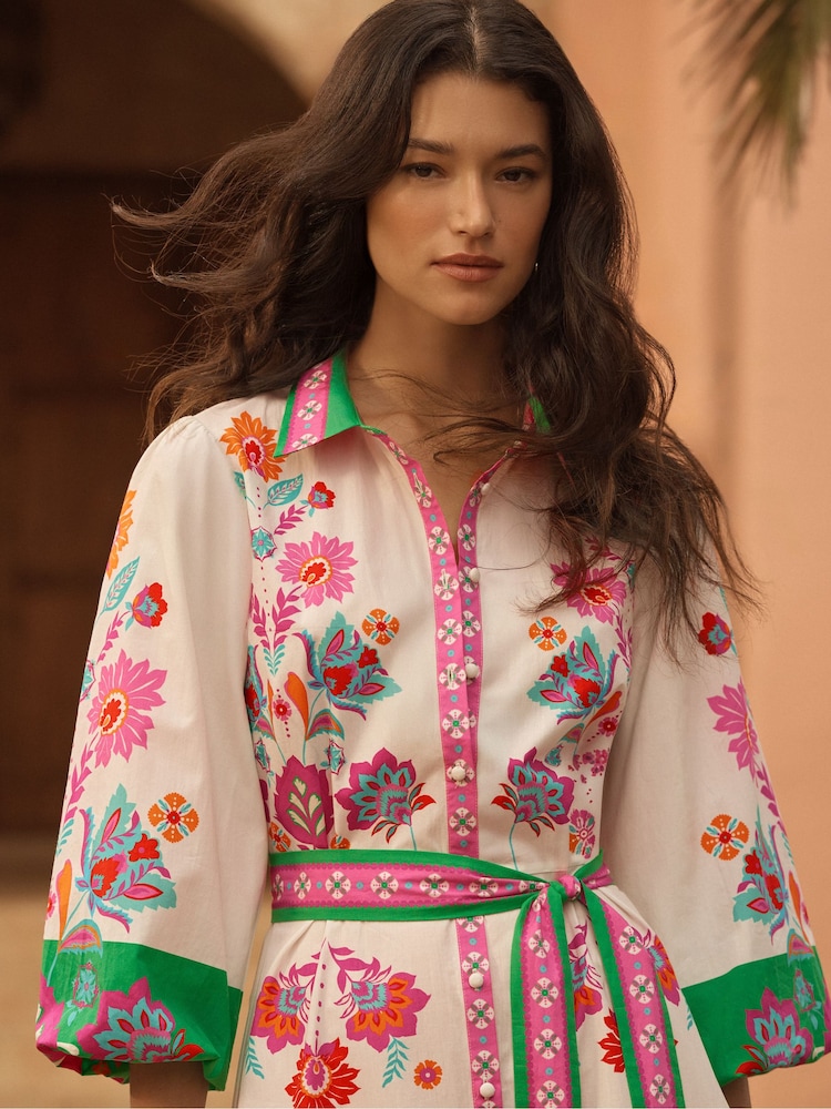 Love & Roses Multi Floral Placement Tie Waist Shirt Midi Dress - Image 2 of 4