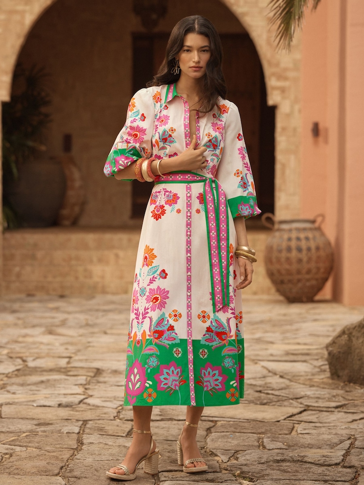 Love & Roses Multi Floral Placement Tie Waist Shirt Midi Dress - Image 4 of 4