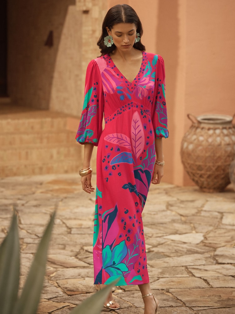 Love & Roses Red Brazilia Print Balloon Sleeve V-Neck Midi Dress - Image 1 of 4