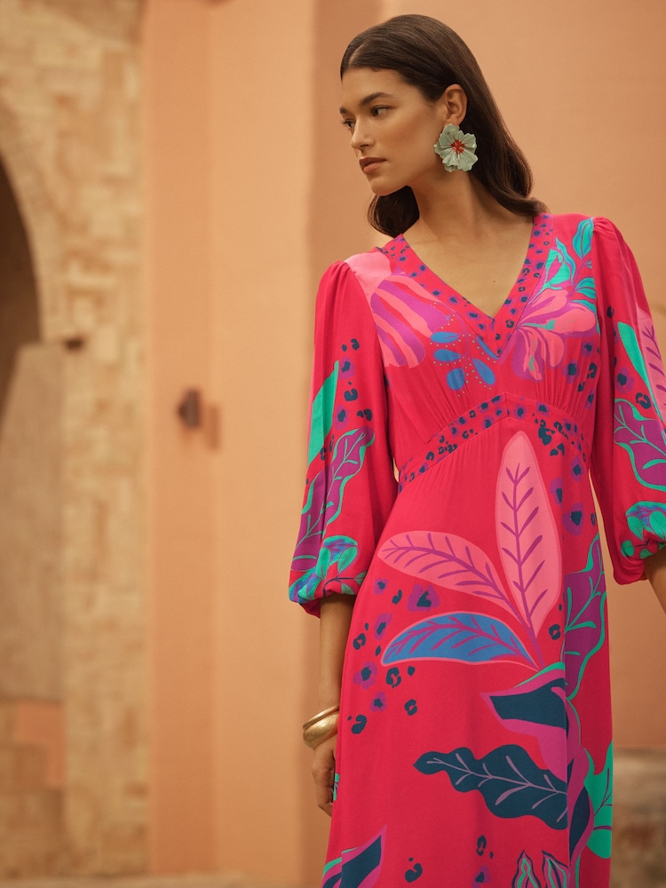 Love & Roses Red Brazilia Print Balloon Sleeve V-Neck Midi Dress - Image 2 of 4