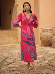 Love & Roses Red Brazilia Print Balloon Sleeve V-Neck Midi Dress - Image 3 of 4