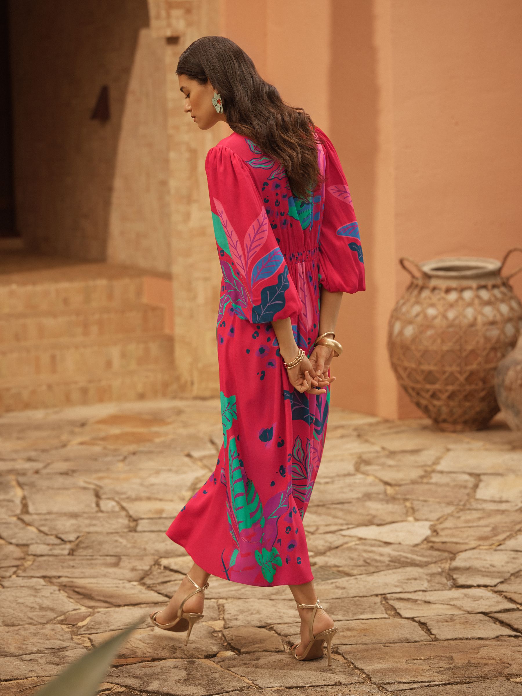 Buy Love & Roses Red Balloon Sleeve V-Neck Brazilia Print Midi