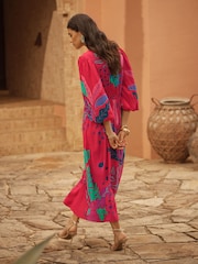 Love & Roses Red Brazilia Print Balloon Sleeve V-Neck Midi Dress - Image 4 of 4