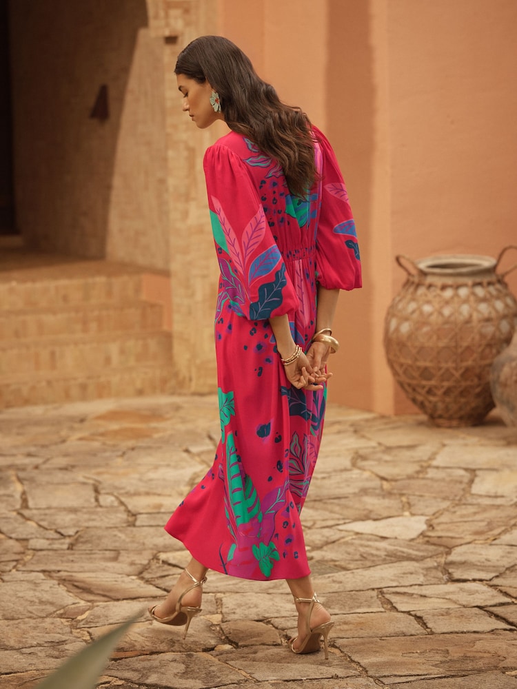 Love & Roses Red Brazilia Print Balloon Sleeve V-Neck Midi Dress - Image 4 of 4