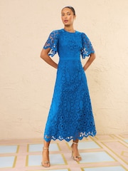 أزرق كوبالت - فستان دانتيل متوسط الطول بكُم أنجلي من Love & Roses - صورة 1 من 4